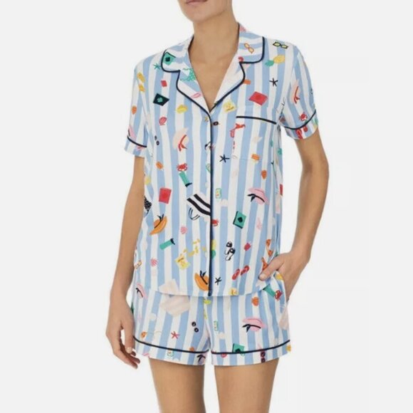 KATE SPADE NEW YORK AQUA STRIPES BEACH THEMED TOP AND SHORTS PAJAMA SET - Picture 1 of 11